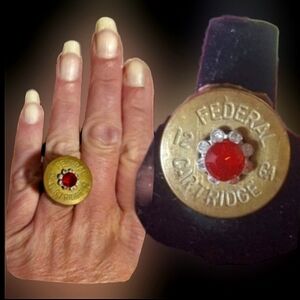 Brass Federal 12 gauge shotgun shell red ruby cubic zirconia adjust ring NWT